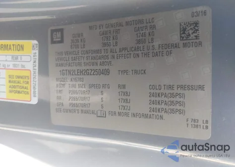 2016 GMC Sierra 1500 z USA, uszkodzony, nr VIN 1GTN2LEH2GZ250409